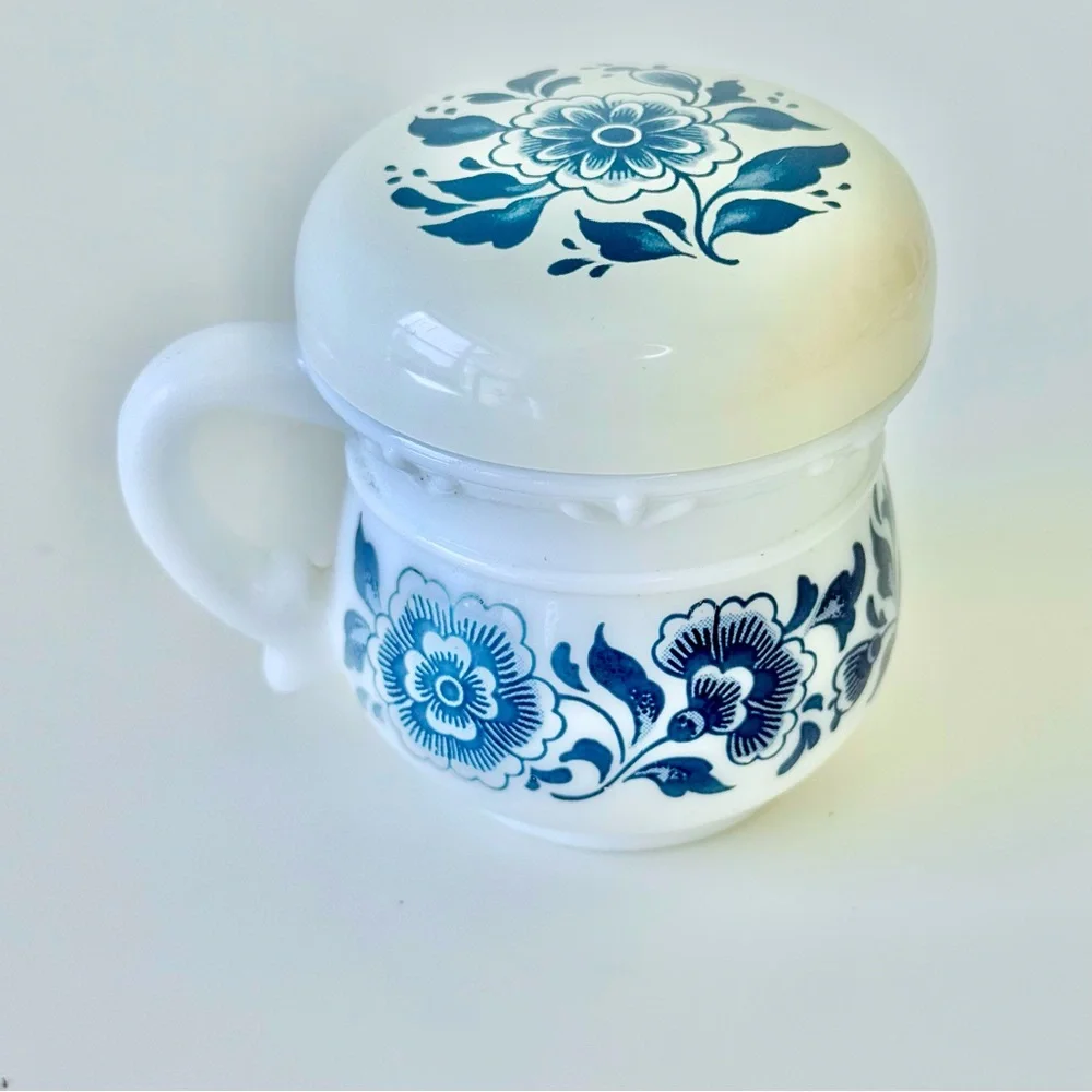 Vintage Avon Delft Blue Milk Glass Jar with Lid - Floral Cottagecore EUC